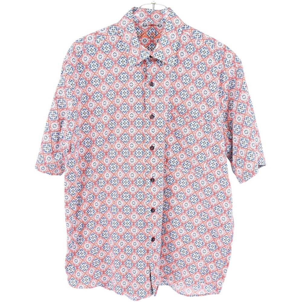 Alan Flusser Men's Short Sleeve Button Down Shirt Geometric Tile Cotton Size L